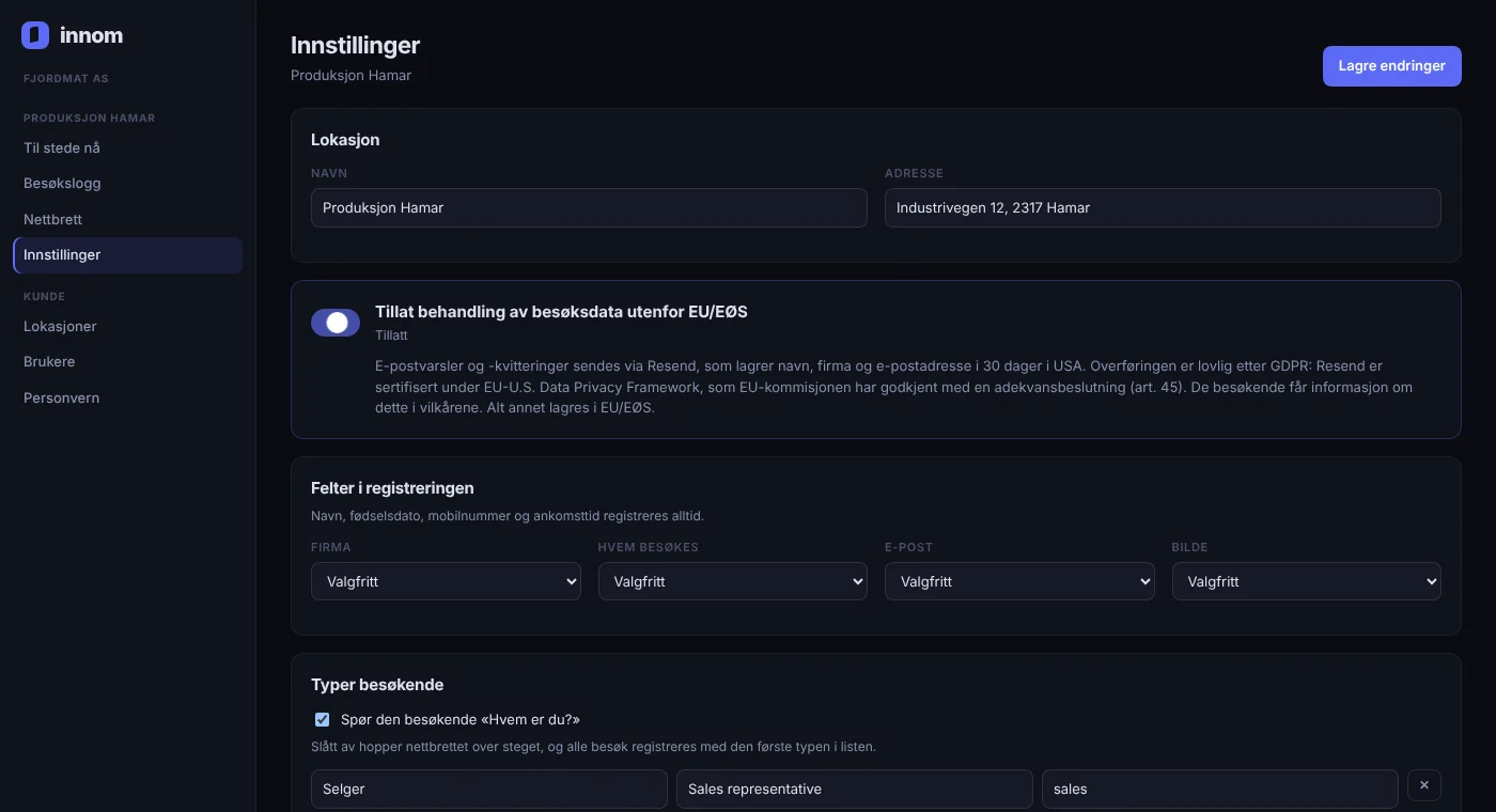 Innstillinger for en lokasjon i admin